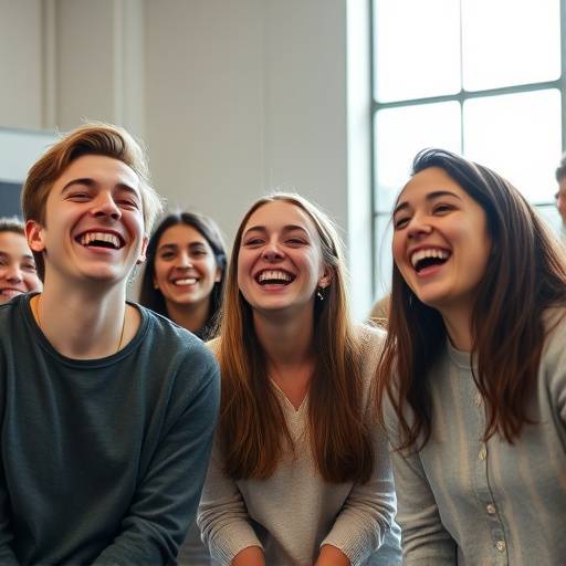 A group of students laughing during an improvisation exercise.