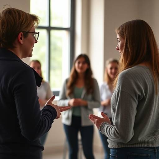 A group of students performing an improv exercise during an Introduction to Acting class.