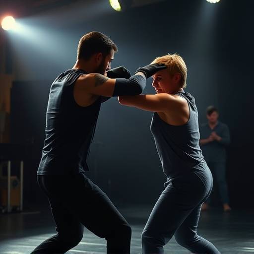Two actors practicing a choreographed fight scene during a Stage Combat class.